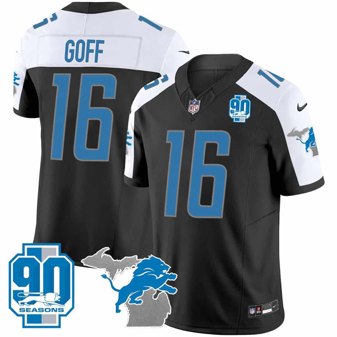 Men Detroit Lions #16 Goff Black 2024 Nike 90th Year Michigan Patch Vapor NFL Jersey